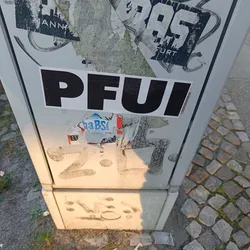 A black and white sticker on a gray surface. The sticker has the word "PFUI" written in bold, uppercase letters. The surrounding area has other stickers and markings. The word "PFUI" is a German word meaning "Fie!" or "Ugh!", expressing disgust or disapproval. 