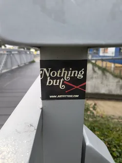Street sticker The sticker is rectangular with a black background. At the top, in an elegant, cream-colored serif font, it reads 'Nothing but'. Below this, two red stylized 'X' shapes are crossed over each other, resembling a prohibition symbol or a stylized cross. At the bottom, in a smaller, white sans-serif font, is the website address 'WWW.JUSTFITTEDS.COM'. The sticker appears to be adhered to a grey metal post.