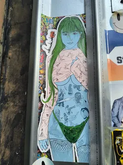 Street sticker A sticker featuring a stylized illustration of a woman with long green hair. Her body is adorned with various smaller illustrations.  The style is reminiscent of graphic novels or anime. The sticker is affixed to a metal surface alongside other stickers.