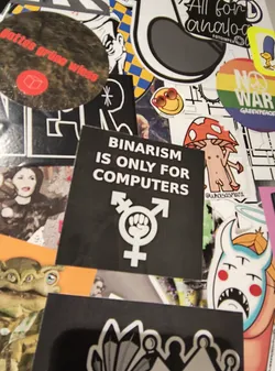 Street sticker The sticker is square and black with white text and a white symbol. The text reads 'BINARISM IS ONLY FOR COMPUTERS'. Below the text is a prominent symbol which is a combination of the female symbol (circle with a cross below) and the male symbol (circle with an arrow pointing upwards and to the right), with a fist symbol overlaid on the male symbol. This central sticker is surrounded by many other stickers of various sizes, shapes, and designs, including a mushroom figure, a peace sign, and a character resembling Bart Simpson.