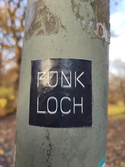 A black square sticker with the text "PUNK LOCH" in a minimalist white sans-serif font is affixed to a weathered green pole. The sticker's surface shows some slight reflection. The background is blurred, showing an autumnal scene of trees and ground.