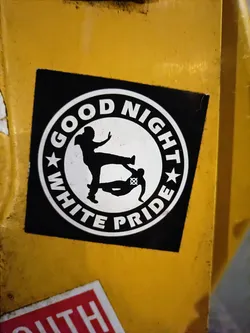 Street sticker A black and white sticker with a circular design. It features a figure performing a kick, with the text "Good Night White Pride" surrounding the figure.