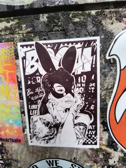 Street sticker A monochrome sticker depicting a woman wearing a black, sleek bunny mask with prominent ears. Her face is visible through the mask's eyeholes, featuring a piercing above her lip. Her hands are elegantly positioned near her face, adorned with long nails. Visible tattoos cover her arms and shoulders, rendered in a detailed, illustrative style. The background features bold, stylized text 'BOOM!' at the top, and fragmented, abstract text elements and patterns on the sides and bottom right, including a checkered pattern. The overall aesthetic is high-contrast, reminiscent of a graphic novel or comic book.