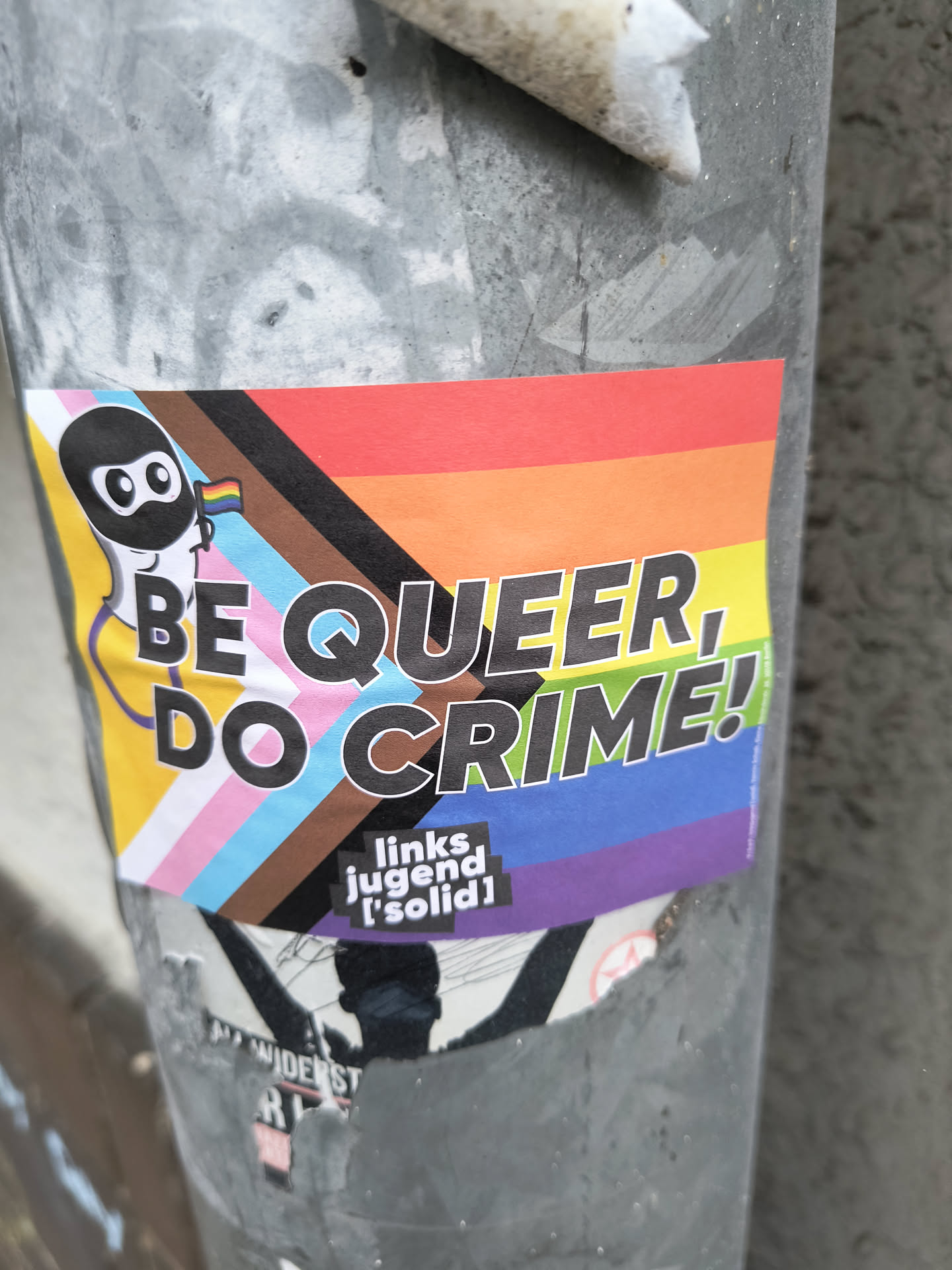 The sticker features a stylized character with a black mask and large white eyes, holding a small rainbow flag. Behind the character, a vibrant rainbow flag is depicted, incorporating the transgender and intersex pride colors (pink, light blue, white, brown, and black). Bold black text with white outlines reads 'BE QUEER, DO CRIME!'. Below this, in a smaller black box with white text, are the words 'links jugend [solid]'. The sticker appears to be adhered to a metal pole.