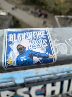 Street sticker A sticker featuring a stylized illustration of a person in a blue tracksuit with a balaclava, flames, and the text "BLAU WEIBE ASSIS". The style is reminiscent of comic book or graffiti art.  The background is blue and white.