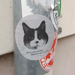 Round sticker featuring a black and white illustration of a cat's face.  The artist's Instagram handle is printed below the image.