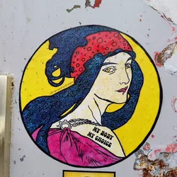 Street sticker A sticker featuring a stylized illustration of a woman with long, flowing hair, adorned with a patterned headscarf.  The art style is reminiscent of Art Nouveau or a similar aesthetic. The words "My body, my choice" are inscribed on her shoulder. The sticker is circular with a yellow background.