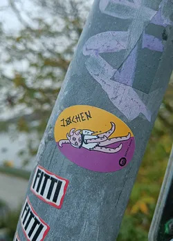 Street sticker A round sticker featuring a whimsical illustration of a pink octopus-like creature in what appears to be a Jiu-Jitsu gi. The sticker has a yellow border and purple inner circle and is adhered to a grey metal pole.  The text 'TØCHEN' is visible at the top of the sticker.