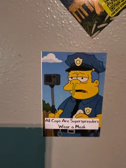 Street sticker The sticker features a cartoon illustration of Chief Wiggum from The Simpsons, depicted as a police officer in a blue uniform, complete with a hat and badge. His face is yellow, and he has a prominent runny green nose, suggesting illness. He holds a black GoPro camera on a stick in his left hand. The background is a simple blue sky with white clouds and a brown wooden fence. A white banner at the bottom contains black text.