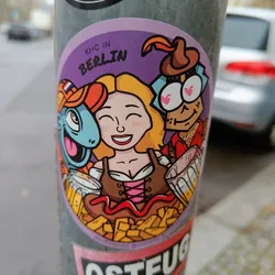 Street sticker A round sticker featuring a cartoon illustration of three characters enjoying beer and fries.  The characters include a woman in traditional German attire, a blue creature, and a man in a hat. The background is purple, and the text 'KHC IN BERLIN' is visible at the top.