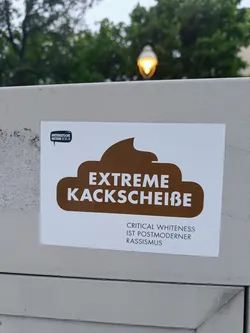 Street sticker A sticker with a brown poop emoji and the text "Extreme Kackscheibe" in bold white letters. Below it, it says in smaller letters "Critical Whiteness ist postmodernen Rassismus".  There is also a small logo in the top left corner that looks like a speech bubble with indiscernible text.