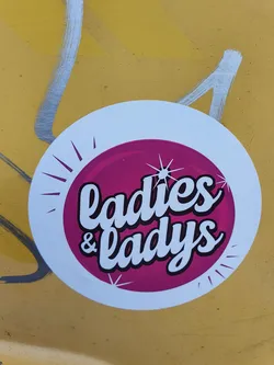 Street sticker Round sticker with the text "Ladies & Ladys" written in a stylized font on a pink circle with white sunburst accents. The sticker is on a yellow background.