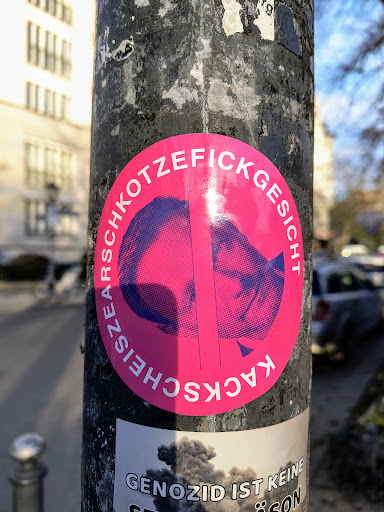 A round sticker in pink featuring a stylized face split down the middle. The surrounding text in white reads "SCHEISSKOTZEFICKGESICHT" in a circular pattern. 