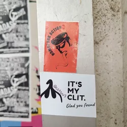 Street sticker Two stickers on a pole. The top one is orange with a black illustration of a head with a cap and a long tongue. The text on the orange sticker says "HORSEF*NK ACTION". The bottom sticker is white with a black illustration of a clitoris and the text "IT'S MY CLIT. Glad you found". There is also a social media handle on the white sticker: @clitlov3