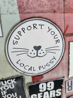 Street sticker A round white sticker features a cat face graphic with the text 'SUPPORT YOUR LOCAL PUSSY' around the edge. It appears to be stuck on a wall or surface covered with other stickers.