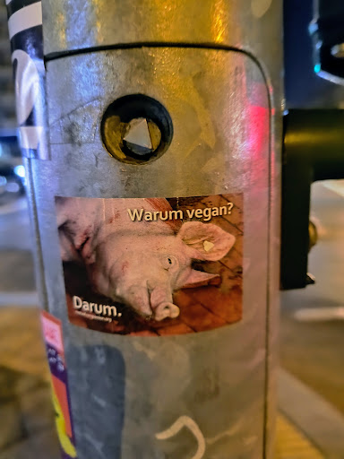 A sticker attached to a metal pole features a picture of a pig with the text "Warum vegan?" and "Darum." below the pig. There's also a website address, tierimfokus.org.