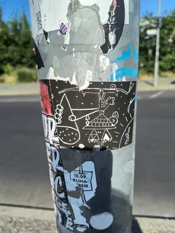 Street sticker The sticker features an elaborate, whimsical drawing rendered in crisp white lines on a solid black rectangular background. On the left, an abstract, elongated figure with a large, somewhat bulbous head or intricate headdress is depicted. Its arm extends forward, holding an object composed of multiple interconnected circles, reminiscent of beads or bubbles. To the right, a complex, multi-tiered structure resembles a fanciful building or an alien machine, built from various geometric components including rectangles, triangles, and a prominent circular element near its top. Below this structure, a foundation of stacked triangles is visible. The entire composition is peppered with numerous small white dots, creating a sense of texture or a starry effect. Additional abstract lines, dashes, and organic shapes are scattered across the black canvas, contributing to its intricate, hand-drawn, and slightly surreal aesthetic.