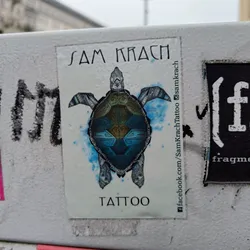Sticker featuring a stylized blue and green turtle with geometric patterns. The artist's name and social media links are printed on the sticker.
