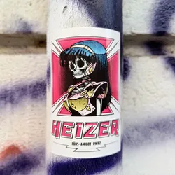 A sticker with an illustration of an anime girl with a skull for a head, wearing armor. The sticker has a pink background and the text "HEIZER" at the bottom. There is also smaller text under the main text that says "FÜNS - AMIGOZ - RWRZ".