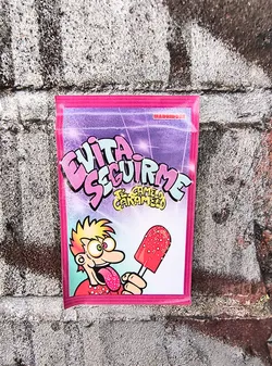 Street sticker The sticker is predominantly pink with a purple background that has sparkling effects. In the center, large, bubbly text in light blue and pink reads 'EVITA SEGUIRME'. Below this, smaller yellow text says 'TU CARAMELO'. To the left, a cartoon character with spiky blonde hair, wide green eyes with pink irises, and an extended, patterned tongue is depicted. The character is wearing a red shirt with small white polka dots. The character is holding a red popsicle with white speckles and small pink flower-like designs on a stick. The sticker has a pink border.