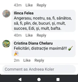 Street sticker This appears to be a Facebook post. The comment reads 'Felicitări, distracție maximă!!!' followed by emojis of a party popper and a champagne bottle.