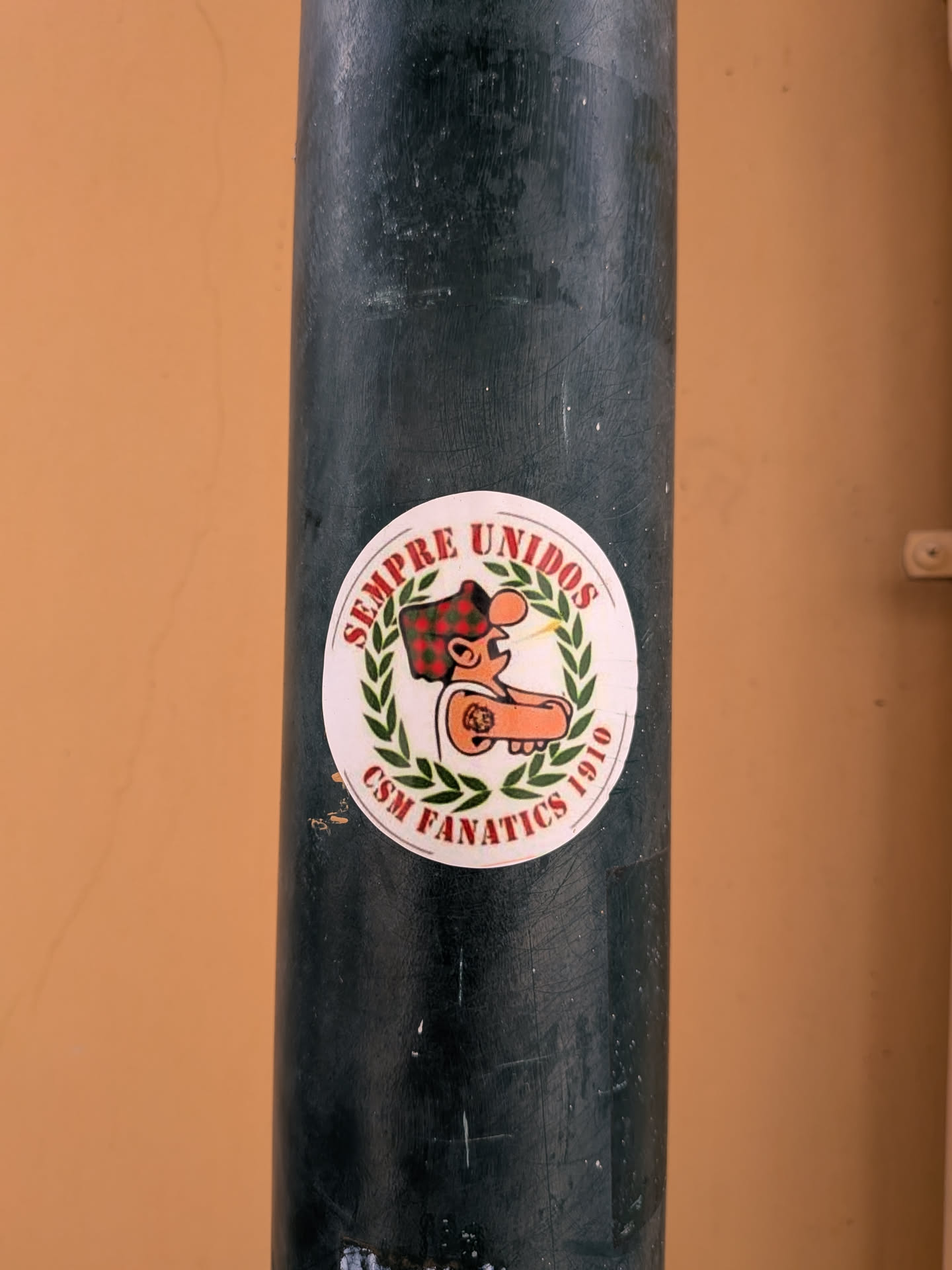 Circular white sticker featuring a cartoon supporter in a red-and-green checkered cap flexing his bicep. The character is framed by a green laurel wreath, with red text reading 'SEMPRE UNIDOS' and 'CSM FANATICS 1910' along the borders.