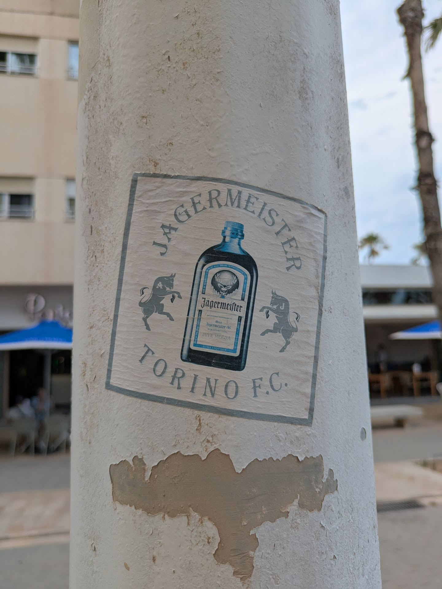 A sticker featuring the Jagermeister logo with two bulls around the bottle and Torino F.C. bellow it is affixed to a light pole. The sticker is printed in a light blue and white color scheme.