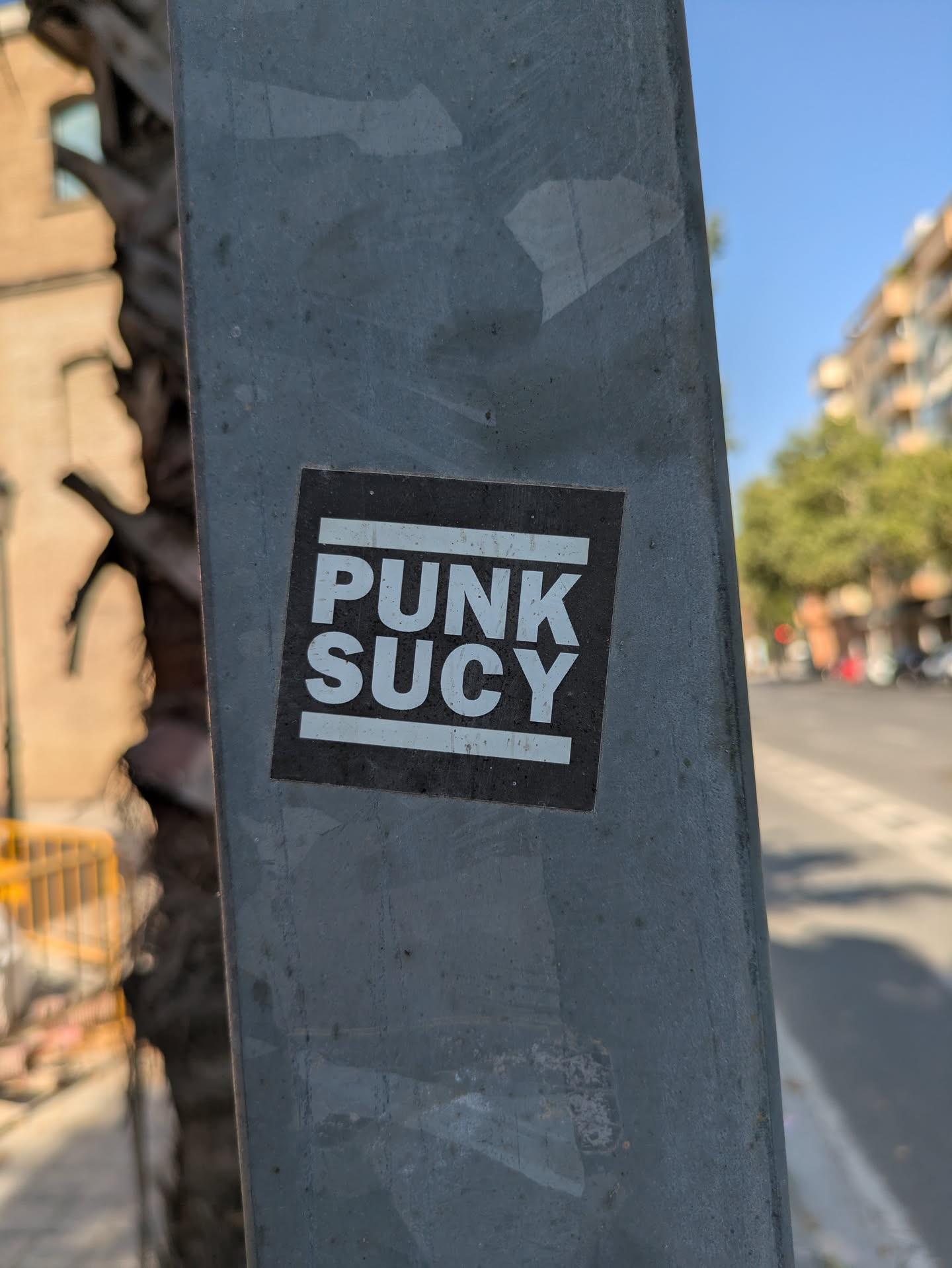 The sticker is black with white text that says "PUNK SUCY" between two white lines. The pole is grey and weathered.