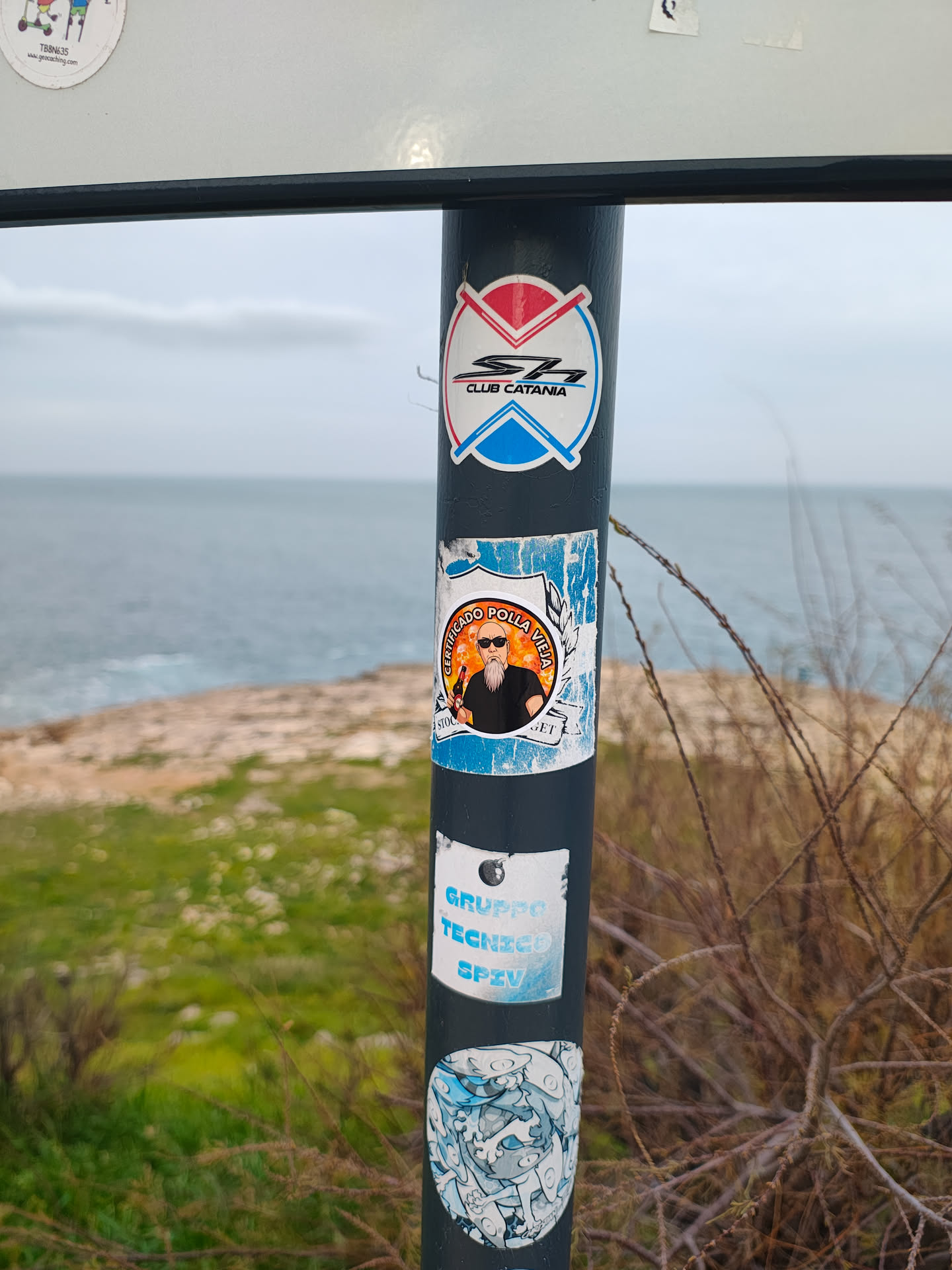 A circular sticker featuring a cartoon illustration of a man with a long, flowing white beard and dark sunglasses. He wears a black t-shirt and holds a brown beer bottle in his right hand. The character is depicted against a vibrant orange and yellow gradient background, encircled by a white border. The text 'CERTIFICADO POLLA VIEJA' is written in black capital letters along the top curve of the white border. The sticker shows signs of wear, with some blue and white remnants of another sticker underneath or around it, suggesting it's adhered to a textured surface.