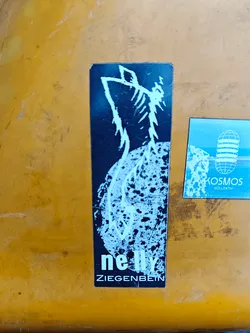 Street sticker A vertically oriented rectangular sticker featuring a stark, high-contrast design. The background is a deep black, heavily textured with white and light blue splatters and streaks, creating a distressed, grunge effect. Dominating the upper two-thirds is a skeletal or highly stylized, emaciated figure, possibly a goat or similar creature, rendered in a bright, almost glowing light blue/white. The figure shows prominent ribs and limbs, with its lower body dissolving into the textured background. At the bottom, in a clean, sans-serif font, are the words 'nelly' in a larger size, followed by 'ZIEGENBEIN' in a slightly smaller, bolder font, both in the same light blue/white color.