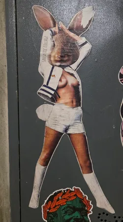 The sticker features a collage of a rabbit's head superimposed onto a human body. The body is depicted wearing a white sailor-style jacket with navy blue trim and white shorts, along with white knee-high socks. The rabbit's ears are prominent, and one hand is raised to its head. The overall aesthetic suggests a vintage or retro feel, with a slightly distressed texture to the printed elements. Below the figure, a portion of another sticker is visible, showing a green-skinned face wearing a laurel wreath.