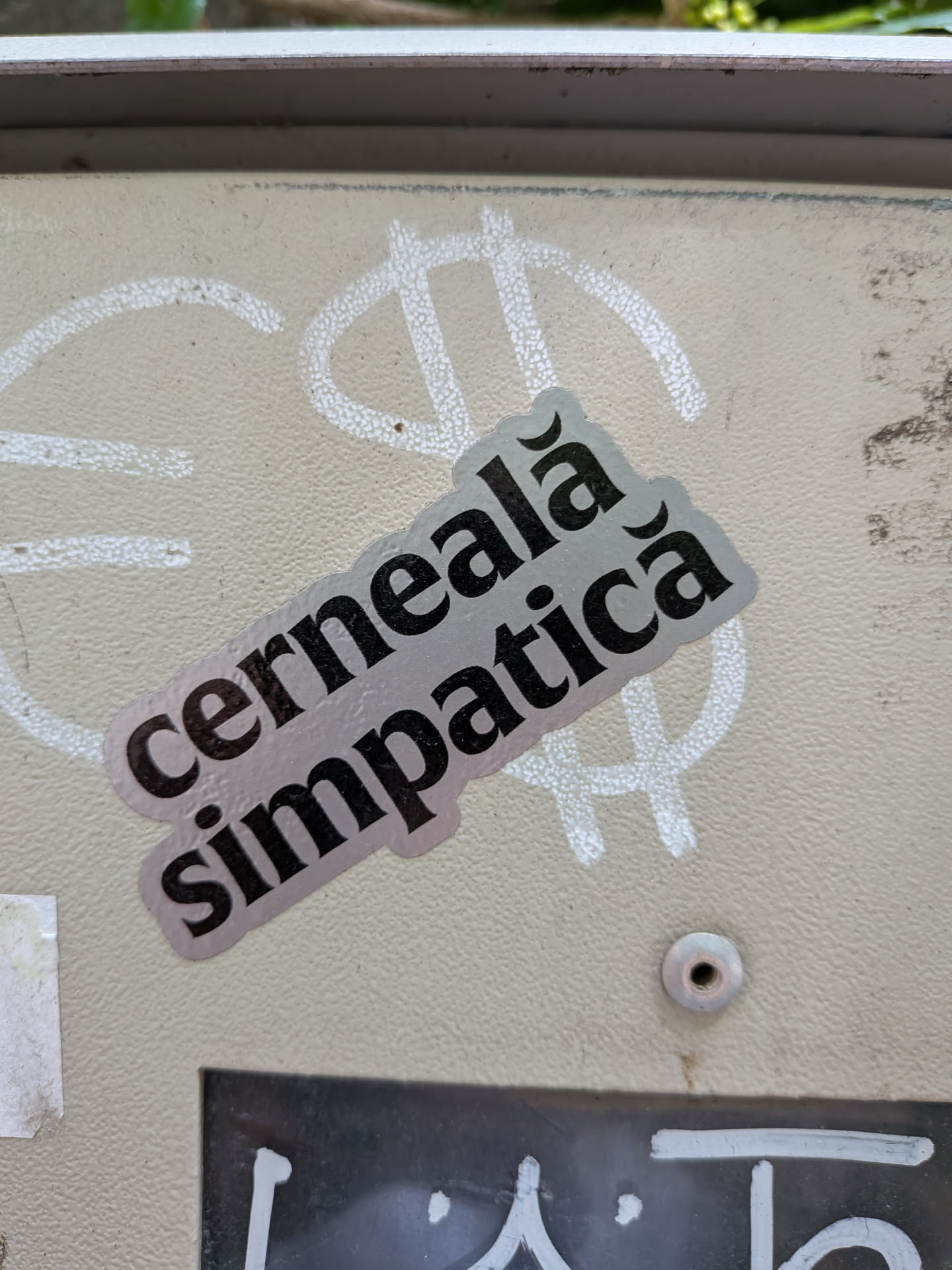 A diagonal, die-cut sticker with a metallic silver background and bold black text reading 'cerneală simpatică' in Romanian.