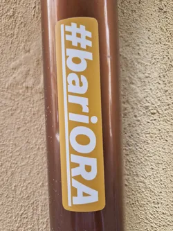 Street sticker A mustard yellow-colored sticker with the text '#bariora' in white, uppercase letters.  The hashtag is included as part of the design. The sticker is affixed to a brown cylindrical object, possibly a pipe.