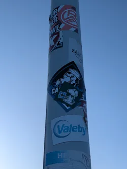 A diamond-shaped sticker featuring a cartoon seagull wearing a sailor cap, with the text 'CASUALS' partially obscured. A smaller, square green sticker depicting Snoopy holding a flag is pasted directly over the center.