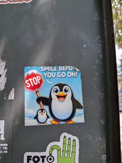 Street sticker Square sticker featuring a cheerful cartoon penguin holding a snow-capped 'STOP' sign next to a smaller penguin. Set against a snowy blue background with the text 'SMILE BEFORE YOU GO ON!'.