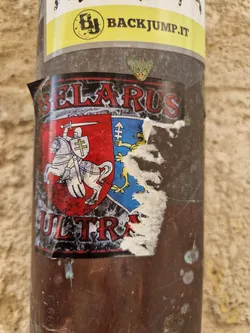 Street sticker A sticker featuring a coat of arms with a knight on a horse and the word "BELARUS" above and "ULTRA" below. The sticker is partially damaged.