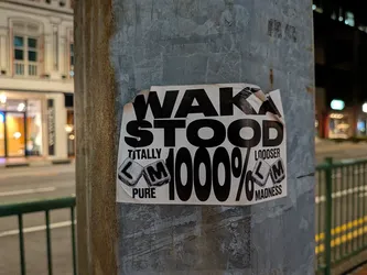 Street sticker A rectangular black and white sticker on a metal pole. It features bold, stylized text reading 'WAKA STOOD' at the top and '1000%' in the center. The sides contain the phrases 'TOTALLY PURE' and 'LOOOSER MADNESS' accompanied by small illustrations of cubes labeled 'L' and 'M'.