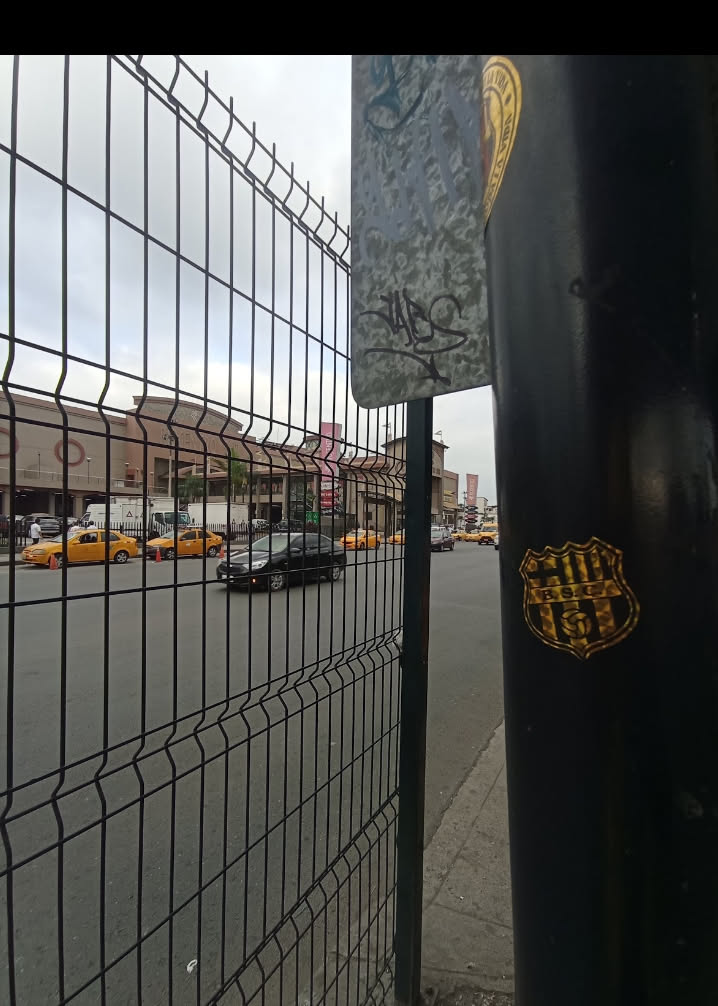 A shield-shaped sticker, predominantly gold and black, affixed to a black pole. The top section features vertical stripes. In the center, the black letters 'B.S.C.' are clearly visible. Below the letters, a stylized football (soccer ball) is depicted. The sticker has a slightly metallic or foil appearance and shows minor signs of wear and tear, suggesting it's an authentic outdoor application.