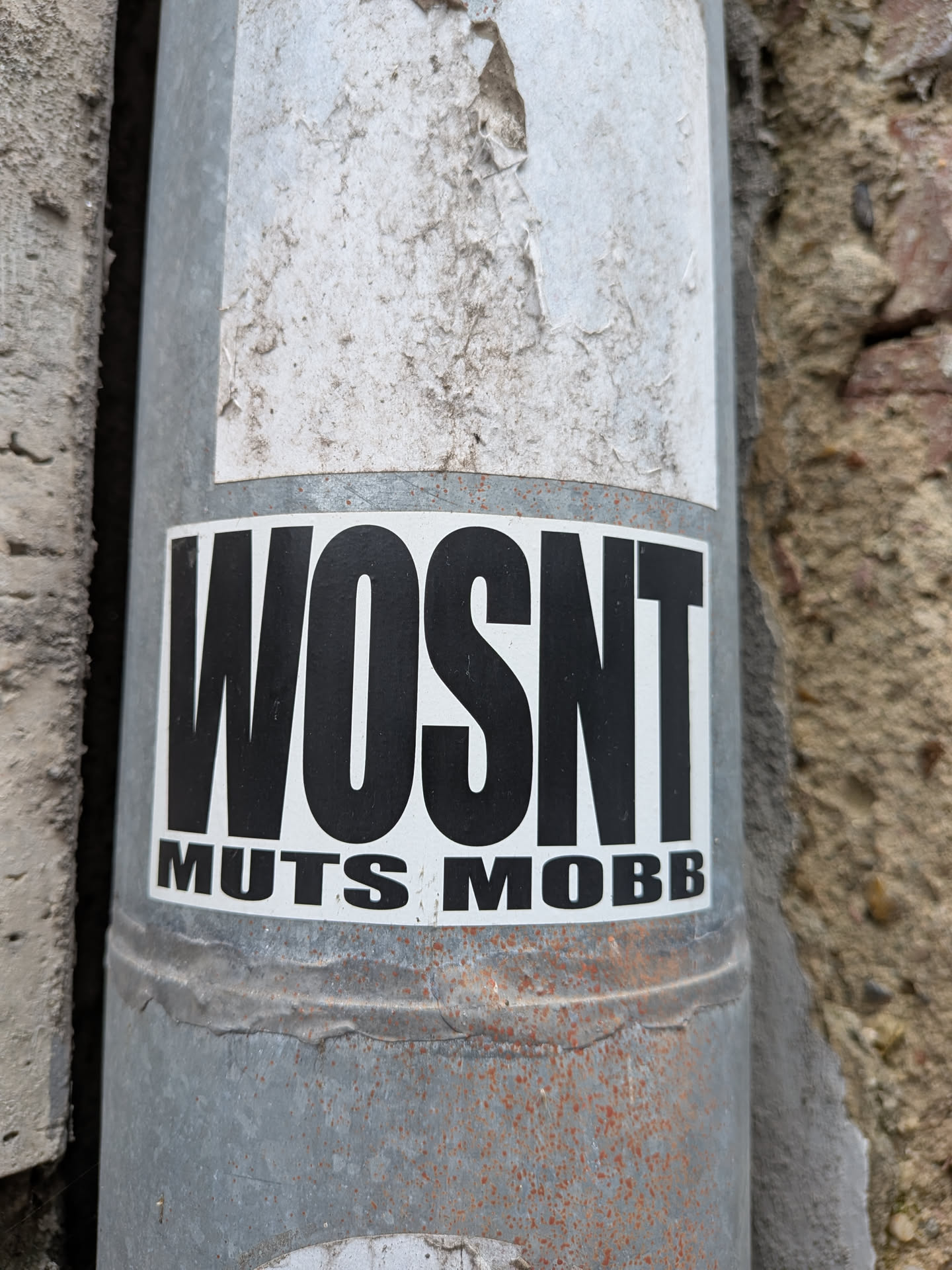 A rectangular white sticker featuring bold black text. The word 'WOSNT' is written in a tall, condensed font above the smaller text 'MUTS MOBB'. It is affixed to a grey metal pipe.