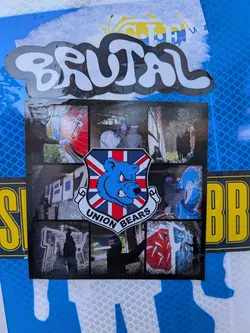 Street sticker The central element is a sticker featuring a collage of images depicting graffiti art and individuals engaged in spray painting. Overlaid on this collage is a shield-shaped emblem. The shield is divided into sections, with the top portion featuring a stylized blue bear head with an aggressive expression, set against a background of the Union Jack flag. Below the bear and flag, a white banner reads 'UNION BEARS' in bold, black lettering. The overall aesthetic is gritty and urban, with a strong emphasis on graffiti culture and a bold, recognizable emblem.