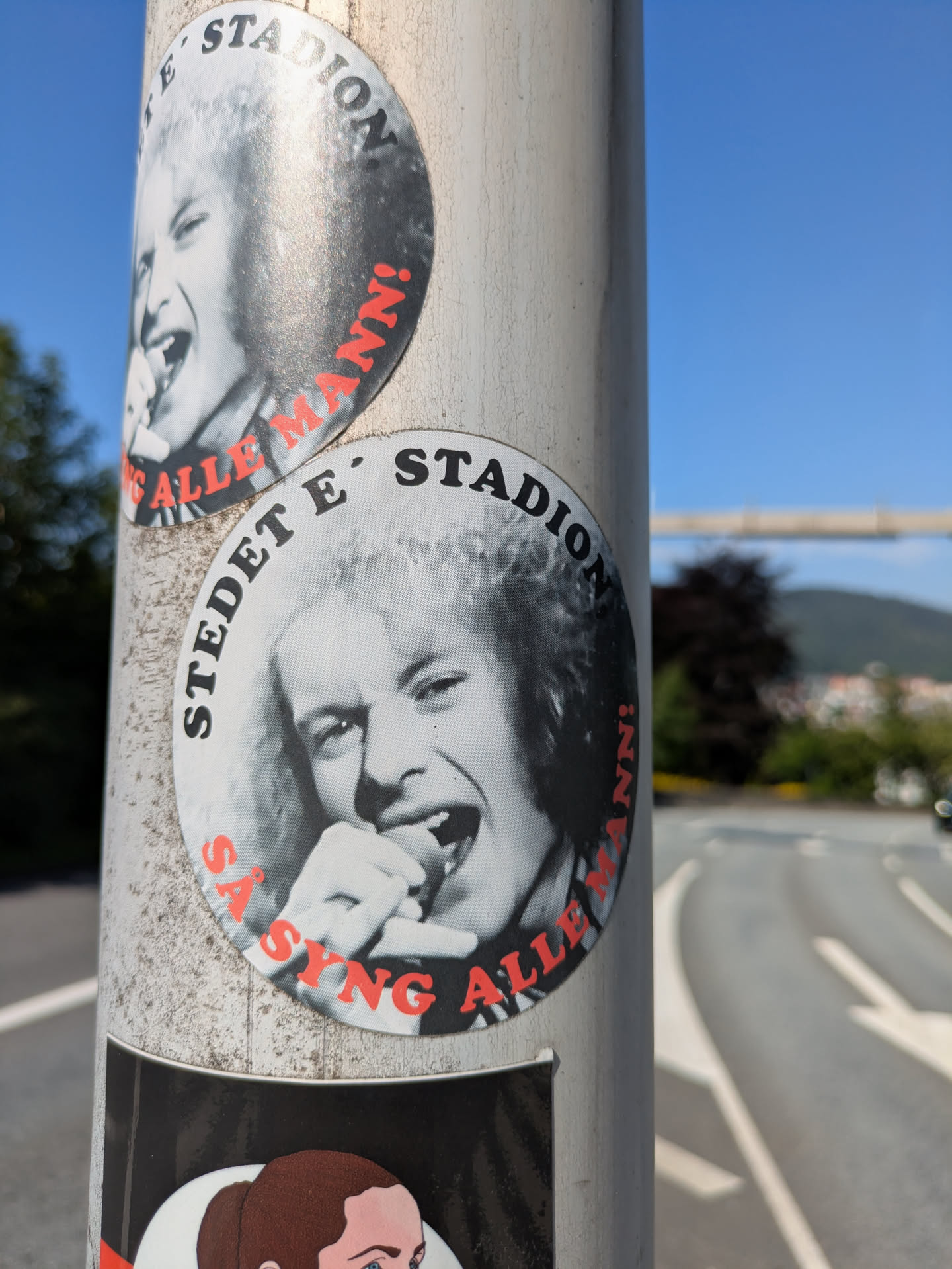 The sticker is circular and features a black and white image of a person with curly, light hair, captured in an energetic pose with their mouth wide open as if singing or shouting, and holding a microphone up to their mouth. The image has a somewhat grainy or halftone texture. Surrounding the central image, along the top curve, is black text that reads "STEDET E' STADION". Along the bottom curve, in red text, it reads "SÅ SYNG ALLE MANN!". The sticker is attached to a weathered, light-colored pole, with another sticker partially visible below it.