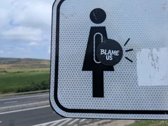 Street sticker A circular black sticker featuring the hand-written white text 'BLAME US' is placed over a black female pictogram on a reflective road sign. Three black lines radiate from the right side of the sticker.