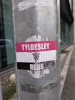Street sticker A sticker found on a metal pole. The sticker is a tricolor with the words 'TYLDESLEY' on a pink background at the top, a white middle section with a stylized devil logo and 'REDS' in white letters on a black background at the bottom.