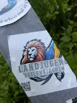 Street sticker A rectangular white sticker adhered to a grey pole, depicting a stylized lion with a vibrant red, orange, and yellow mane, and a blue and yellow tail/wing-like feature extending to the right. Below the lion, the words 'LANDJUGEND' and 'GEILENKIRCHEN' are printed in bold grey letters. A QR code is present in the bottom left corner of the sticker. Green foliage is visible in the background, surrounding the pole.