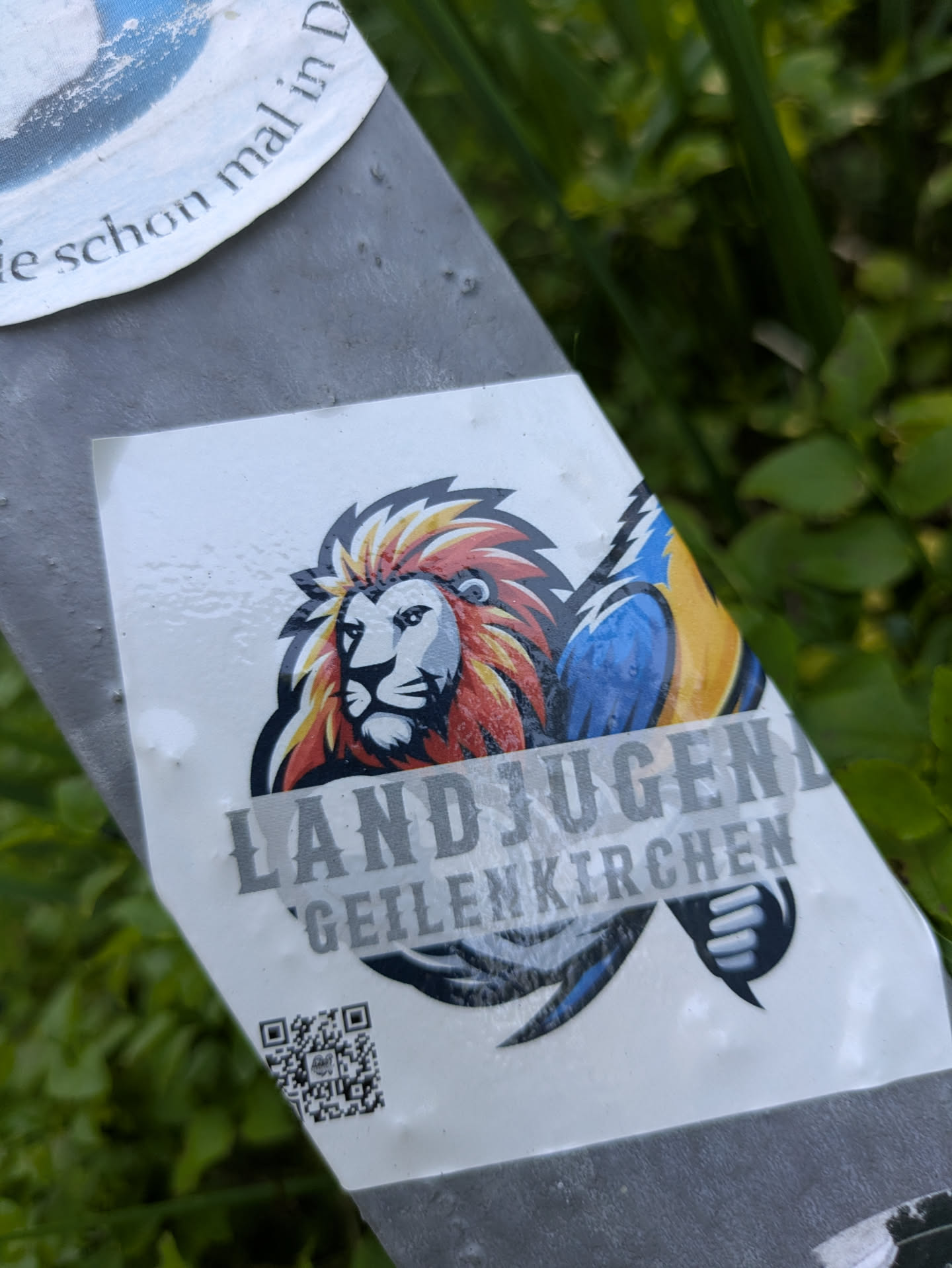 A rectangular white sticker adhered to a grey pole, depicting a stylized lion with a vibrant red, orange, and yellow mane, and a blue and yellow tail/wing-like feature extending to the right. Below the lion, the words 'LANDJUGEND' and 'GEILENKIRCHEN' are printed in bold grey letters. A QR code is present in the bottom left corner of the sticker. Green foliage is visible in the background, surrounding the pole.