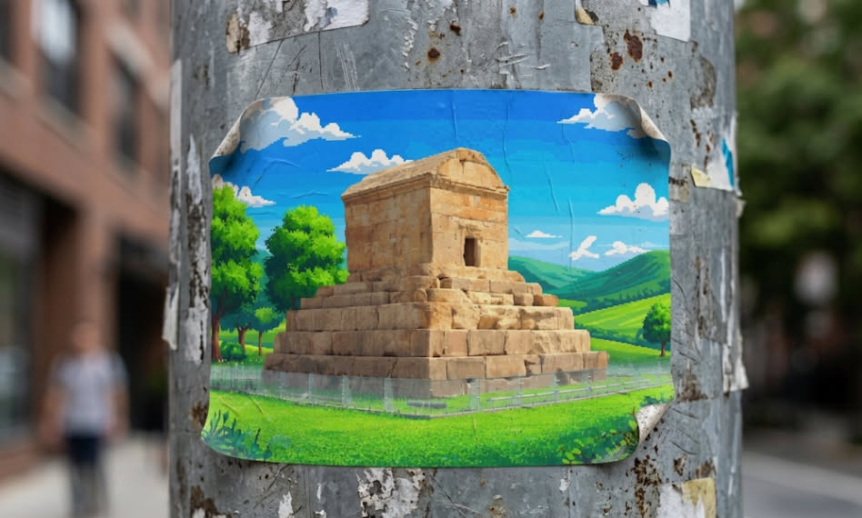 A rectangular sticker featuring a pixel art depiction of the Tomb of Cyrus. The ancient stone monument stands on a stepped base, surrounded by lush green grass, trees, and rolling hills under a bright blue sky with white clouds. The sticker's corners are slightly peeling off a weathered metal pole.