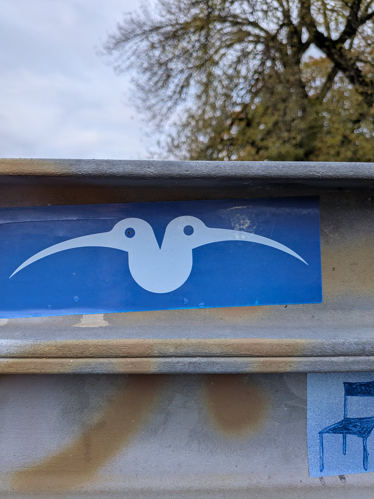 Street sticker The sticker is rectangular with a vibrant blue background. Centered on the sticker are two stylized white kiwi birds. They are positioned back-to-back, with their bodies forming a V-shape. Each bird has a circular eye and a long, curved beak that extends outwards. The overall design is simple and iconic, with clean lines.
