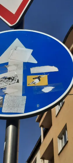 Street sticker The sticker is a small, rectangular image prominently placed on a blue circular street sign. It features a stylized black and white bird, resembling a magpie or similar corvid, depicted in profile. The bird has a distinct black head, back, and tail, with a white belly and a white patch on its wing. It is holding a black-handled knife with a silver blade in its beak, pointing forward. The bird and knife are set against a bright, solid yellow background. The sticker shows signs of being a physical adhesive, with some minor wear and tear, and is partially covered by transparent tape.