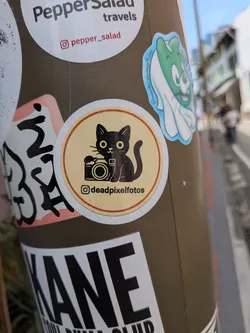 Street sticker A round, beige sticker featuring a cartoon black cat holding a camera, framed by an orange border, with an Instagram handle at the bottom.