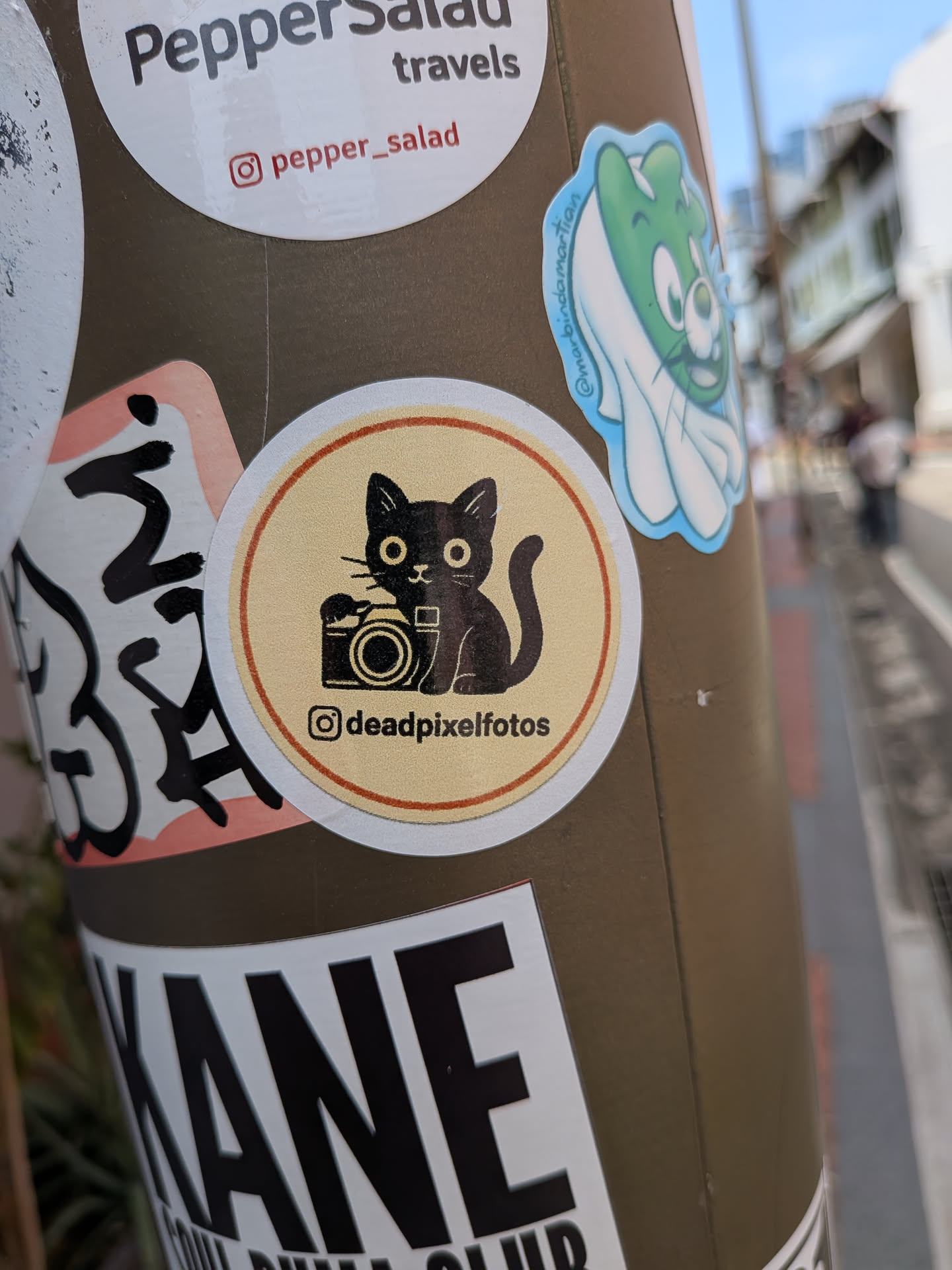 A round, beige sticker featuring a cartoon black cat holding a camera, framed by an orange border, with an Instagram handle at the bottom.